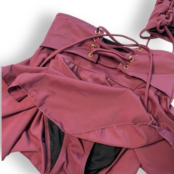 Wave Shine Skirt Set Maroon Waist Cinched Corset Swim Skirt/ Mesh Halter Bikini - Picture 11 of 16